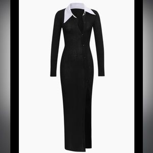 Black collared midi long sleeve dress